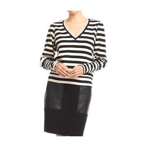 NEW KAREN KANE stripe bishop sleeve v-neck top in black with cream